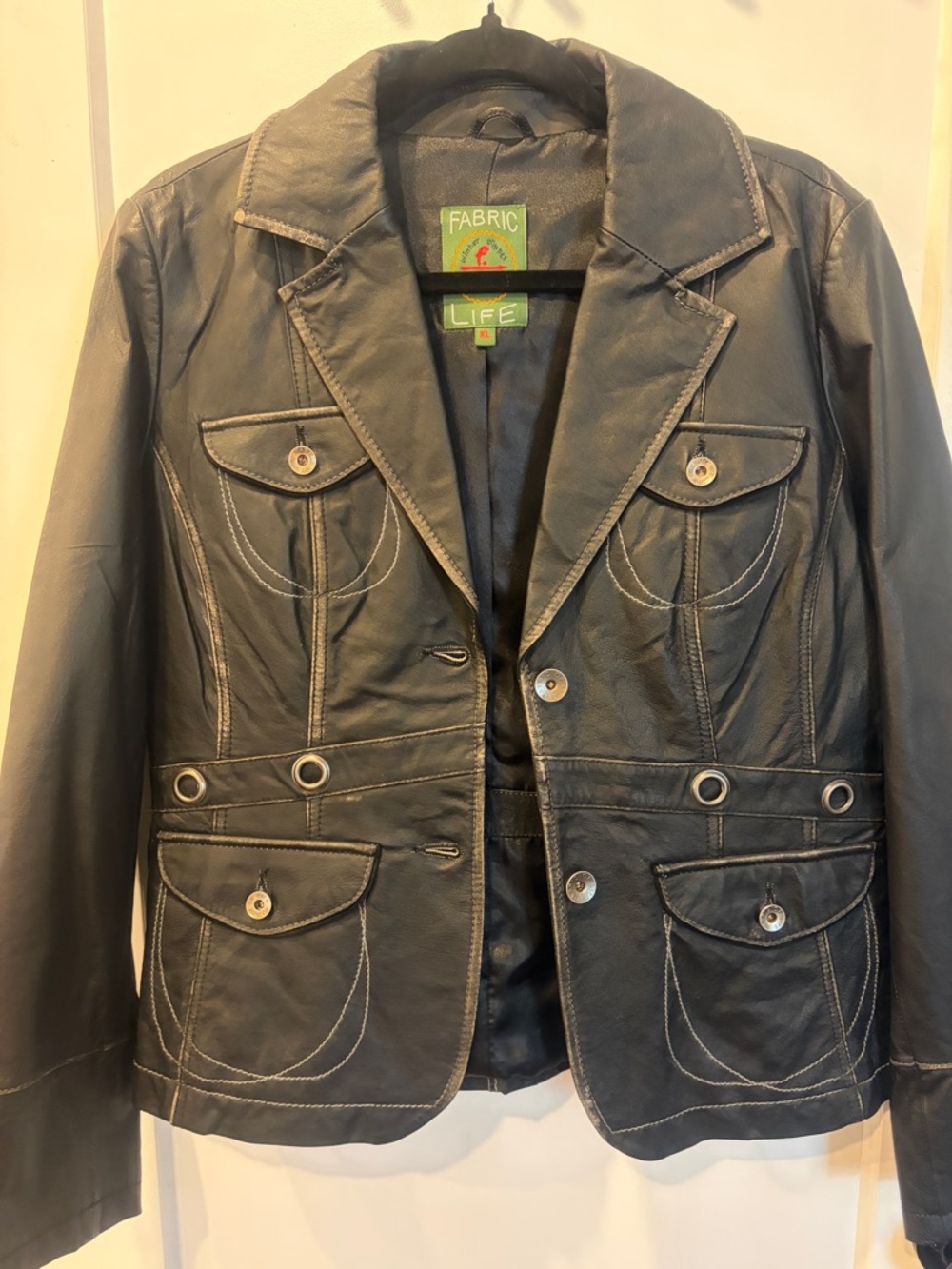 Women's Black Leather Button-Front Blazer - Picture 8 of 16